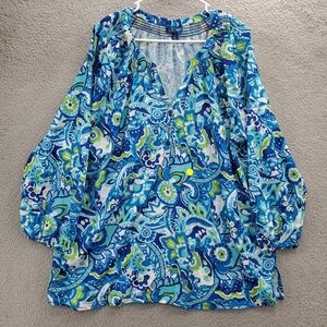 Liz&Me Henley Peasant Georgette Blouse Vibrant Blue Paisley Plus Size 1X